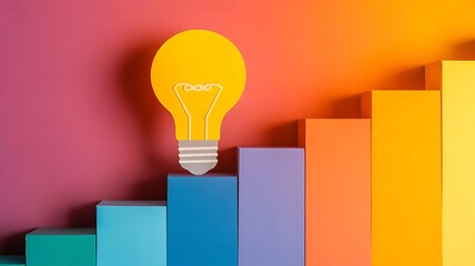 Yellow lightbulb on colorful ascending blocks idea