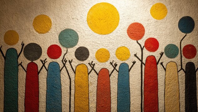 Colorful, childlike figures with raised arms, holding and surrounded by various sized, brightly colored circles, painted on a textured wall