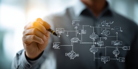 Flowchart creation illustrating project management steps in a collaborative office environment during daytime
