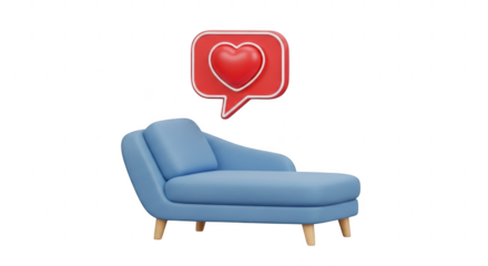 3d icon of a blue chaise lounge with a red heart notification bubble floating above it, isolated on transparent background modern furniture for relaxation