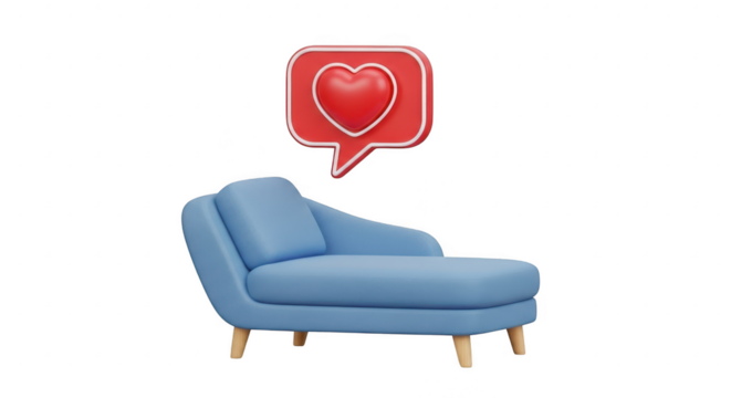 3d icon of a blue chaise lounge with a red heart notification bubble floating above it, isolated on transparent background modern furniture for relaxation - Powered by Adobe