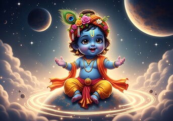 Adorable baby Krishna with peacock feather crown smiles joyfully, surrounded by stars and planets