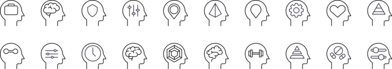 Brain, Thought, Mental Health Outline Sign Collection. Editable Stroke. Perfect for Graphics, Designs, Books, Adverts, Apps