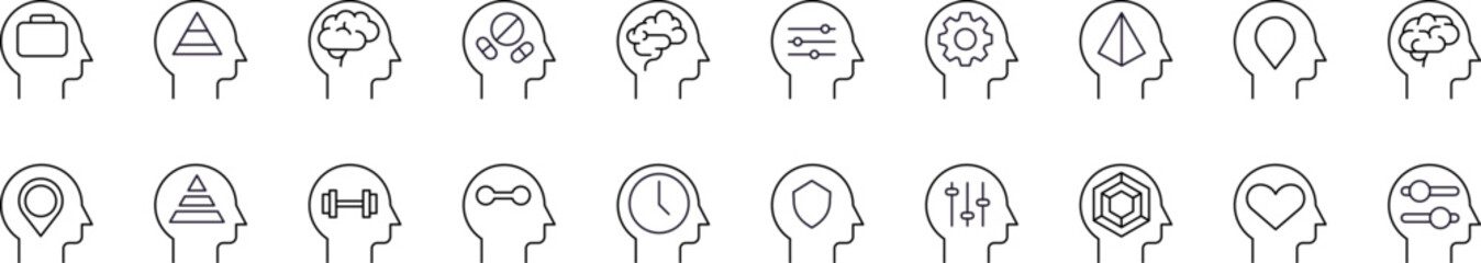 Brain, Thought, Mental Health Outline Icon Collection. Editable Stroke. Perfect for Graphics, Designs, Books, Adverts, Apps