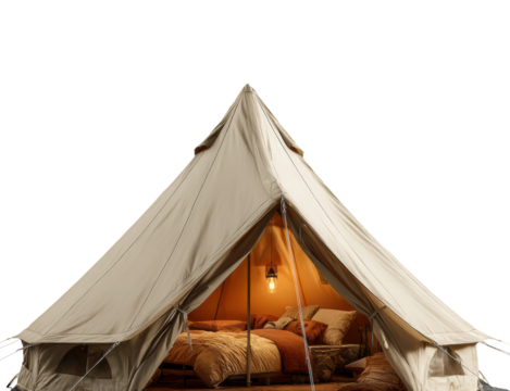 Glamping tent setup retreat cozy daylight, isolated on transparent background, png