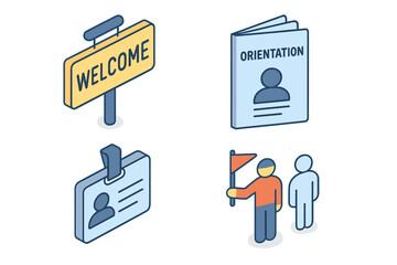 Orientation icon set for new employees. Welcome, onboarding, training, guidance concepts. Isometric vector icons of welcome sign, manual, ID badge, and tour guide.