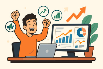 Businessman celebrates financial success. Computer shows data analytics, growth charts, and marketing report. Stock market analysis and sales achievement vector concept.