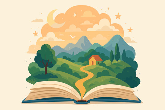 Book of imagination with a landscape popping up from the pages. Reading and education concept. Fantasy world, fairytale story with nature, mountains, and a path. Vector.