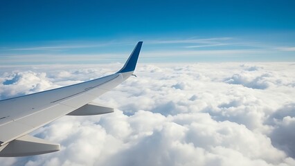 Fototapeta premium Commercial airliner ascends through a cloudy blue sky, viewed from the wingtip with visible vapor trails.