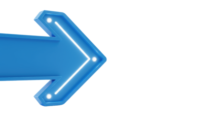 Bright blue arrow sign with glowing white lights, pointing right, on transparent studio background, soft diffused lighting, concept of clear strategic direction and progress