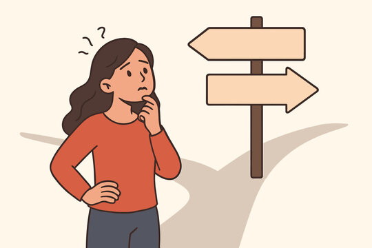 Woman making choice at crossroad. Concept of decision, dilemma, uncertainty. Person standing at fork in the road. Choosing future path, direction, or strategy. Metaphor.