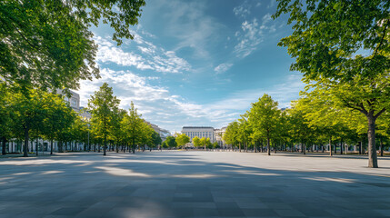 Expansive Urban Plaza with Lush Trees and Distant Building