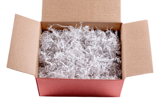 Unpacking cardboard box with shredded paper filling home still life, isolated on transparent background, png
