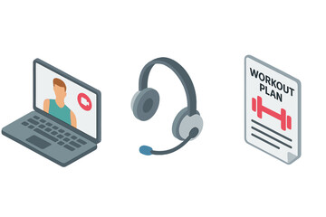 Online fitness coaching isometric icon set. Virtual personal trainer on laptop video call with workout plan and headset. E-learning for health and exercise concept vector.