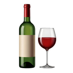 A green wine bottle with a red cap and a glass of red wine on a black background in a studio shot