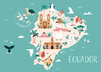 Hand Drawn Map of Ecuador with Galapagos Islands, Wildlife, Landmarks, and Nature Symbols. Vector Illustrated Design, Poster
