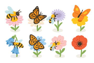 Cute pollinator icon set with bees and butterflies on wildflowers. Flat cartoon vector illustration. Spring summer nature garden collection. Insect and flower elements.