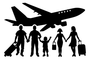 Family traveling standing before airplane silhouette vector illustration