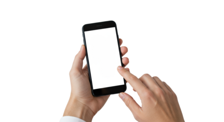Clean, well-manicured human hands gently holding a sleek black smartphone with a blank white screen against a transparent background, soft studio lighting, crisp focus, subtle bokeh, concept of