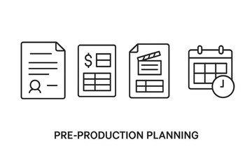 Film pre-production planning icon set. Outline vector icons for movie and video production. Script writing, budget calculation, shooting schedule, casting sheet concepts.