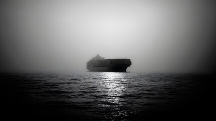 Obraz premium Silhouette of a large cargo ship in a thick fog.