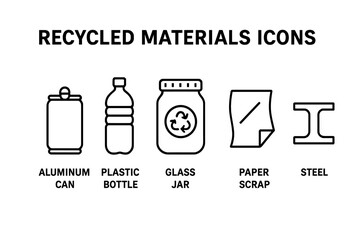 Recycled materials line icon set. Waste sorting and separation. Ecology and environment concept. Zero waste lifestyle. Aluminum, plastic, glass, paper, steel. Vector.