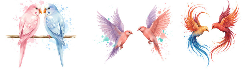 Obraz premium Assorted pastel colored birds in various poses and pairings on a transparent canvas, digital rendering on transparent background