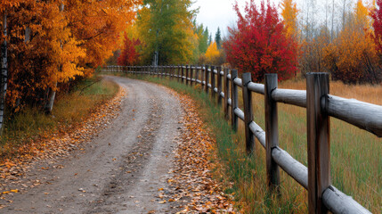 Obraz premium Autumn fall scenery with colorful trees along dirt road and wooden fence creating peaceful space for copy background