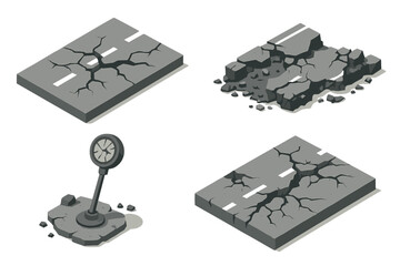 Isometric airport icon set. Destroyed runway, cracked asphalt road, and broken ground. Ruined aerodrome elements for disaster, war, or apocalypse concepts. Vector illustration.