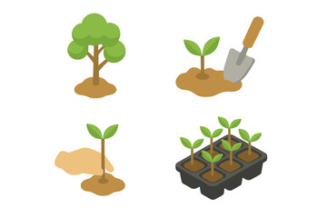 Reforestation icon set of 4. Isometric flat icons of afforestation, tree planting, sapling, and nursery seedling tray. Environmental conservation vector illustration.