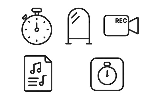 Rehearsal and practice line icon set. Concepts for acting, music, or speech preparation with stopwatch, mirror, camera recording, script, notes, and timer app vector.