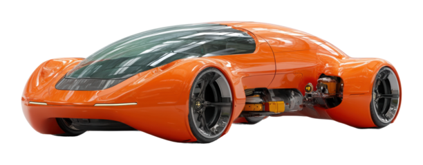 Futuristic electric vehicle showcase auto expo digital urban side view, isolated on transparent background, png