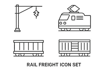 Rail freight icon set. Outline icons for transport and logistics. Electric locomotive, cargo wagons, railway catenary. Vector illustration for railroad industry and shipping.