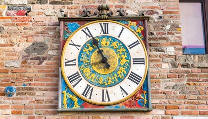 Ornate clock face on a brick wall