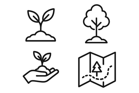 Reforestation line icon set. Concepts for planting, conservation, growth. Seedling, sapling, tree, hand with plant, forestry map. Ecology, environment vector symbol.