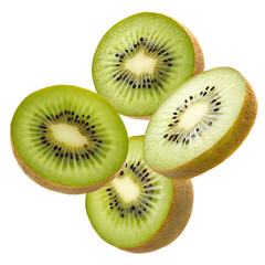 Fototapeta premium A close up shot of several kiwi fruit slices arranged in a cluster on a black background space filling
