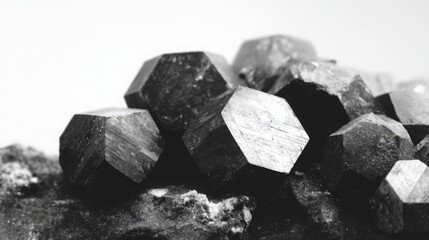 Naklejka premium Close-up of dark hexagonal crystals against a light background, showcasing intricate textures and shapes.