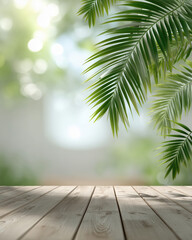 Palm leaves shadow overlay with soft summer sunlight leaking through leaves on wooden floor, bokeh highlights