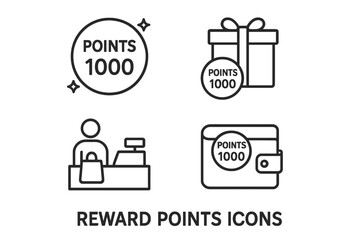 Reward points icon set for customer loyalty program. Outline icons for redemption points balance, redeem gift, checkout counter, and digital wallet for shopping bonus.