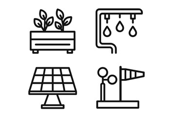 Rooftop garden icon set for urban farming and agriculture. Sustainable smart city symbols. Line art of planter box, drip irrigation, solar panel, and wind gauge vector.