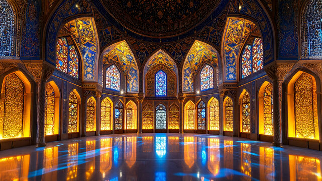 A breathtaking symmetrical interior of an ornate hall with intricate stained glass windows. Warm golden and cool blue lights reflect off a polished floor, creating a majestic atmosphere.