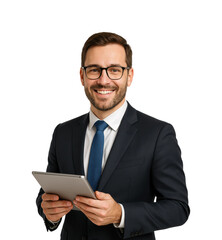 Smiling business professional with tablet in modern office portrait, isolated on transparent background, png