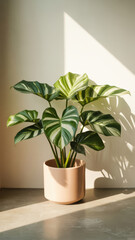 Calathea houseplant in a pot with sunlight and shadows in a room for decoration