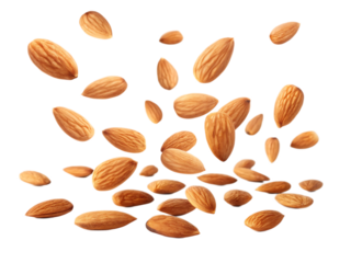 A scattered assortment of almonds floating against a stark black background in a dynamic composition