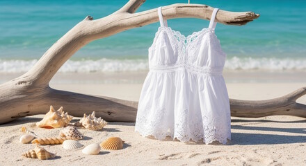 White summer dress displayed on sandy beach near driftwood, surrounded by seashells and turquoise ocean waves, evoking a serene coastal atmosphere and vacation vibes