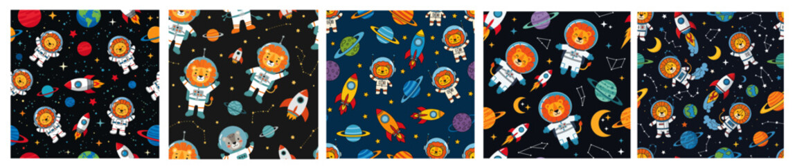 Cosmic King of the Jungle: A stellar set of five seamless patterns featuring a cute lion astronaut exploring the galaxy with vibrant planets, soaring rockets, and twinkling constellations.