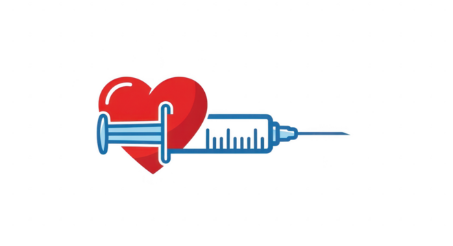 3d icon of a vaccine syringe injecting into a heart, isolated on transparent background, symbolizing medical care, health, disease prevention, and the importance of vaccination