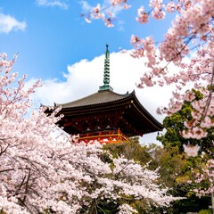 Pagoda framed by blossoming cherry trees under a partly cloudy sky