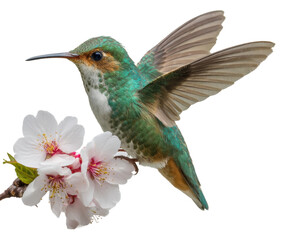 Fototapeta premium Hummingbird feeding on cherry blossom nature, isolated on transparent background, png