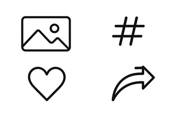 Social media outline icon set with essential symbols: photo gallery, hashtag, like heart, and share arrow. Vector graphic elements for web design, app UI, marketing.